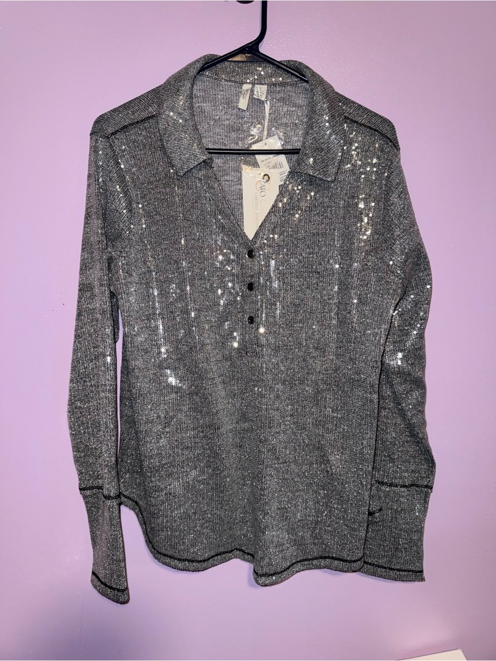 Cato Silver Metallic Rib Knit Henley